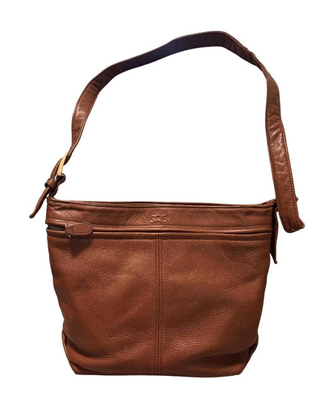 Vintage SAS Brown Leather Shoulder Bag With Adjustable Strap Front Zip Pocket